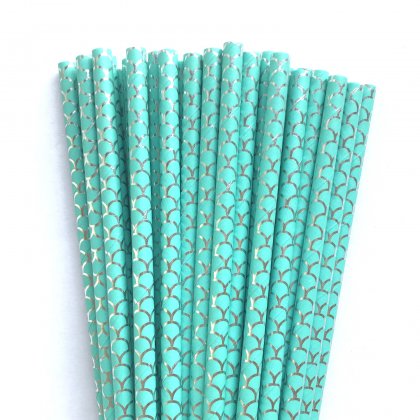 Mermaid Aqua Silver Foil Scale Paper Straws 500 pcs