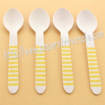 Yellow Striped Print Wooden Spoons 100pcs [wspoons003]