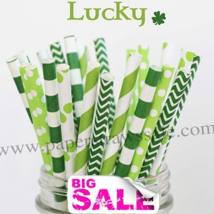 250pcs LUCKY Green Paper Straws Mixed