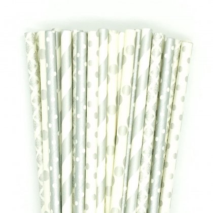 125 Pcs Mixed 5 Styles Silver Party Paper Straws