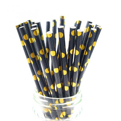 Gold Foil Polka Dot Black Paper Straws 500 pcs