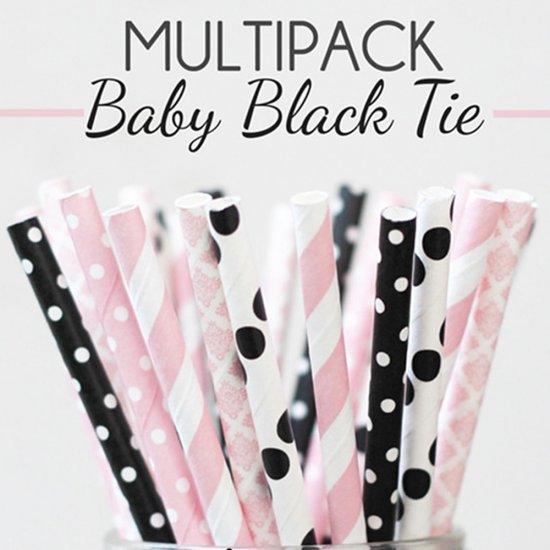 100 Pcs/Box Mixed Light Pink Baby Black Tie Paper Straws - Click Image to Close