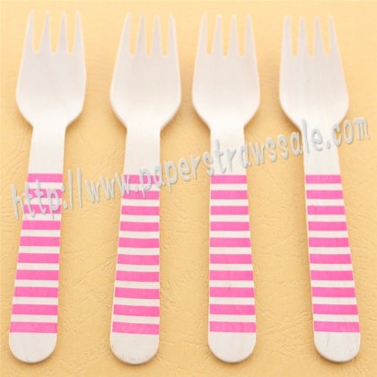 Wooden Forks Hot Pink Striped Printed 100pcs [wforks009]