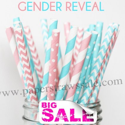 250pcs GENDER REVEAL Theme Paper Straws Mixed