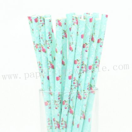 Pink Rose Flower Teal Paper Straws 500pcs [fpaperstraws009]