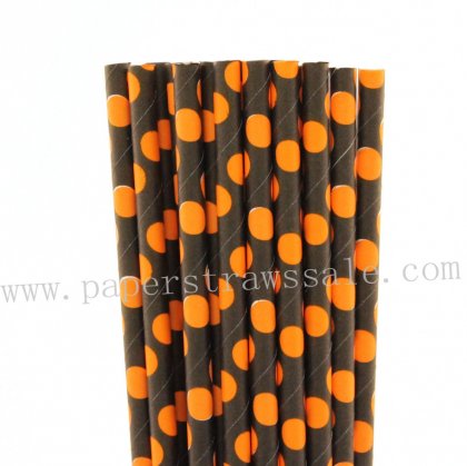 Black Paper Straws with Orange Polka Dot 500pcs [ppaperstraws103]