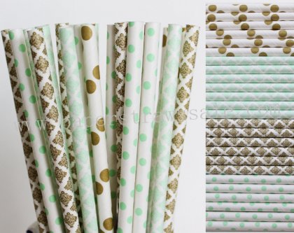 200pcs Mint and Gold Party Paper Straws Mixed [themedstraws257]