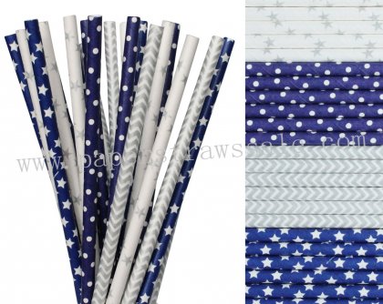 200pcs Dark Blue and Silver Paper Straws Mixed [themedstraws263]