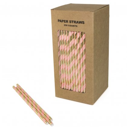 250 pcs/Box Light Pink Gold Foil Stripe Paper Straws [pinkgoldstraws250]