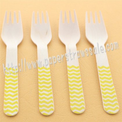 Wooden Forks Yellow Chevron Printed 100pcs [wforks001]