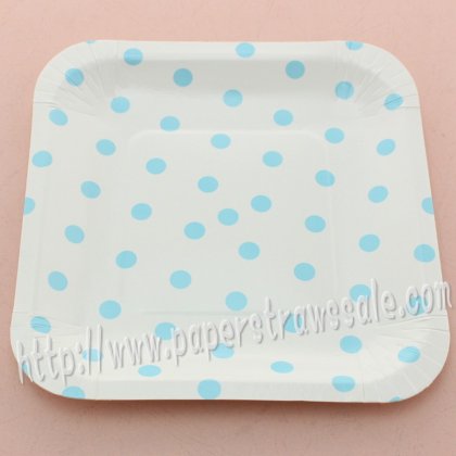 7" Blue Polka Dot Square Paper Plates 60pcs [spplates014]
