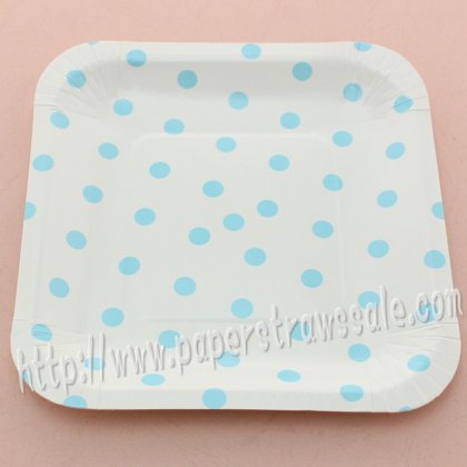 7" Blue Polka Dot Square Paper Plates 60pcs