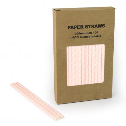100 pcs/Box Light Pink Paper Straws White Swiss Dot [pinkwithdotstraws100]