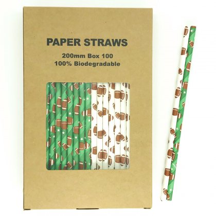 100 Pcs/Box Mixed Football Rugby Touch Down Party Paper Straws