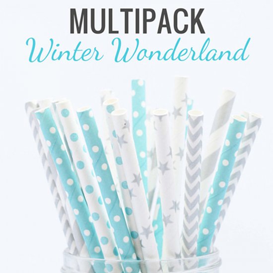 100 Pcs/Box Mixed Blue Silver Winter Wonderland Paper Straws - Click Image to Close