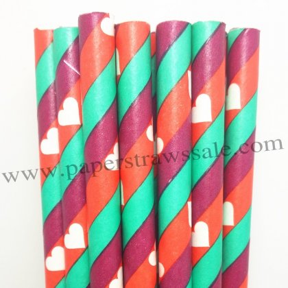 White Heart Paper Straws Dark Red Green Stripe 500pcs [vpaperstraws002]