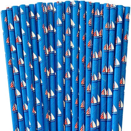 Blue Nautical Sailing Boat Sailboat Paper Straws 500 pcs