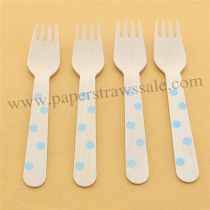 Wooden Forks Light Blue Polka Dot Print 100pcs