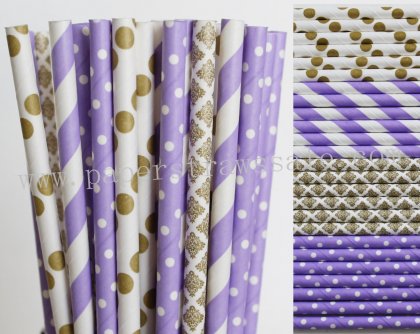200pcs Lilac and Gold Party Paper Straws Mixed [themedstraws271]