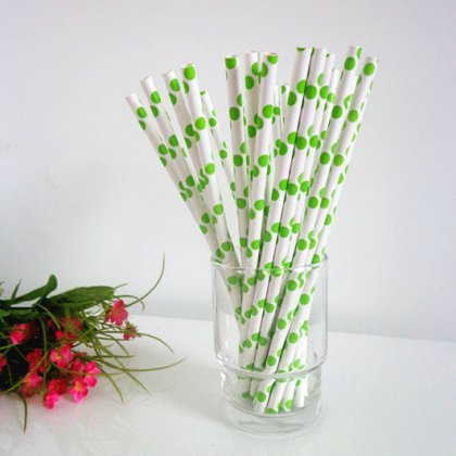 Green Polka Dot White Paper Straws 500pcs [ppaperstraws002]