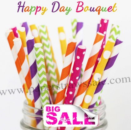200pcs HAPPY DAY BOUQUET Themed Paper Straws Mixed [themedstraws105]