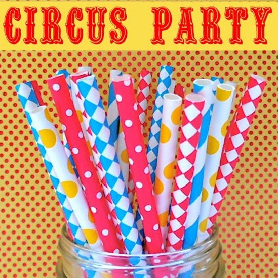 100 Pcs/Box Mixed Blue Red Yellow Circus Party Paper Straws - Click Image to Close