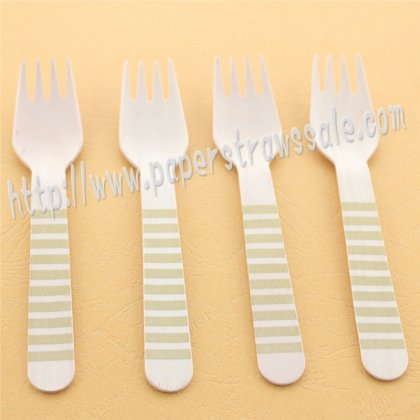 Wooden Forks Gold Striped Printed 100pcs [wforks019]