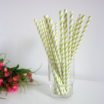 Paper Straws with YellowGreen Thin Striped 500pcs [spaperstraws032]