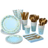 200 pcs Serves 25 Blue Gold Foil Dot Tableware Set