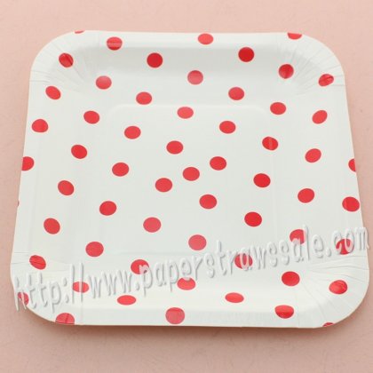 7" Red Polka Dot Square Paper Plates 60pcs