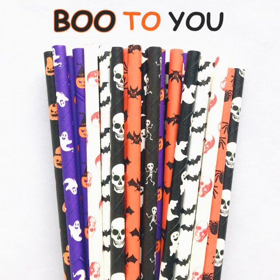 100 Pcs/Box Mixed Party Halloween Boo To You Paper Straws - Click Image to Close