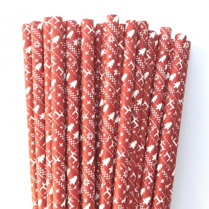 Red With White Christmas Pattern Print Paper Straws 500 Pcs