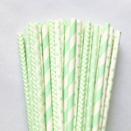 125 Pcs Mixed 5 Styles Mint Green Pastel Paper Straws